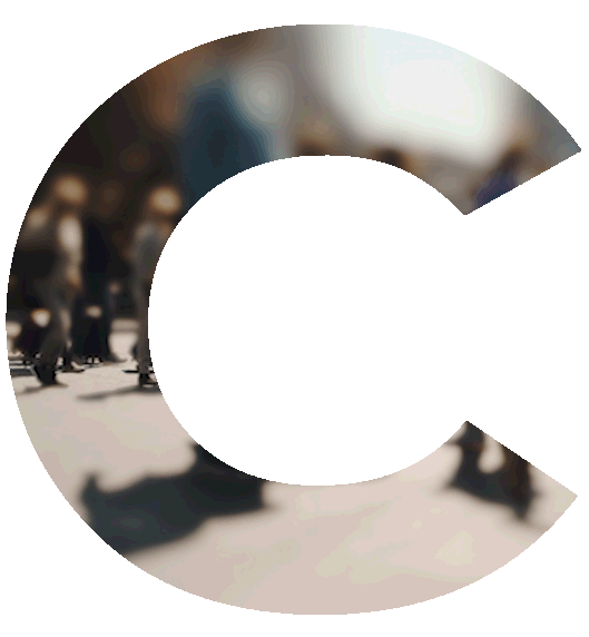 Animated gif in the shape of the letter C with a blurred video of people walking